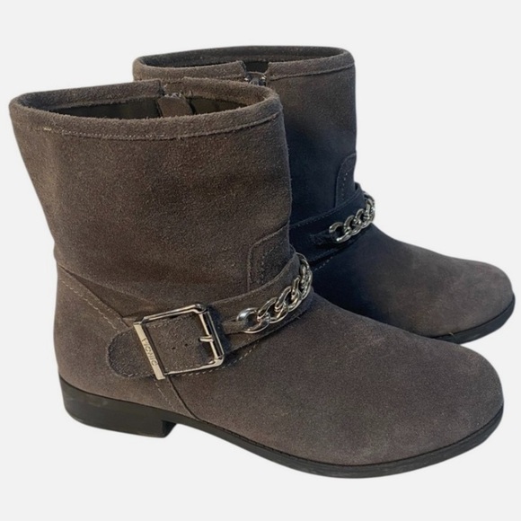Vionic Suede Moto Boots Ankle Chain Booties Gray Zip Biker Orthotic Sz 9 - Picture 2 of 9
